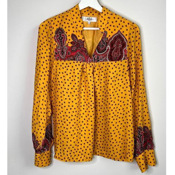 Tibi 100% Silk Floral Paisley Long Sleeve Blouse Pullover Yellow Women's Size 4 - Picture 1 of 10